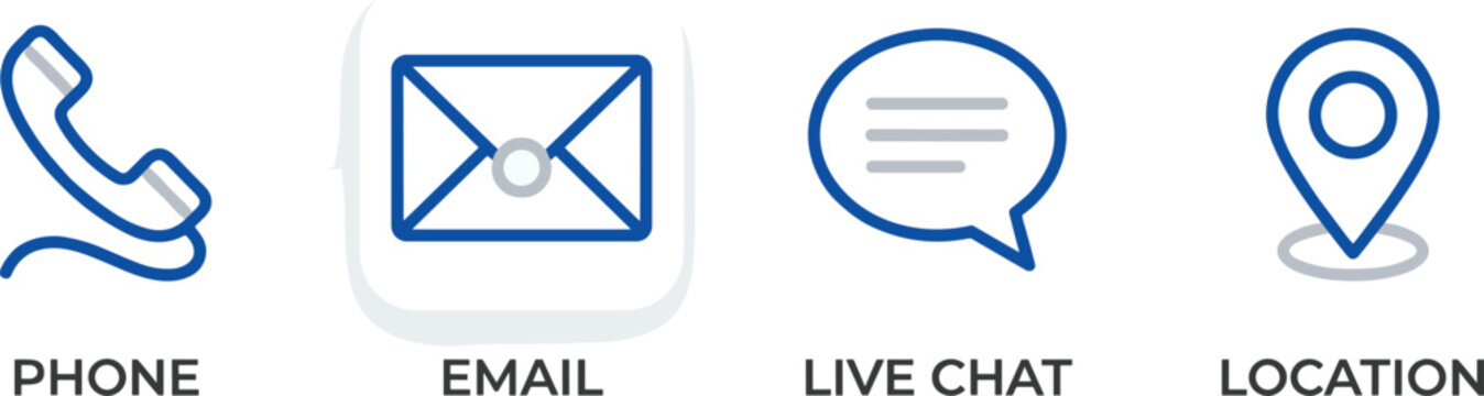 Contact Us Business Communication Line Art Icon Set with Phone Envelope Live Chat and Location Map Pin Symbols for Website Help Center and Customer Support Page Designs