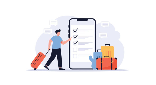Organized traveler uses a checklist app on a giant smartphone screen to prepare his suitcases for an upcoming trip.