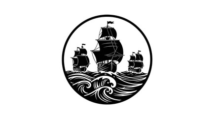 Vintage sailing ships on waves in circular frame with illustration three sailing black white illustration sailing vessels within circular with sea travel © Prema