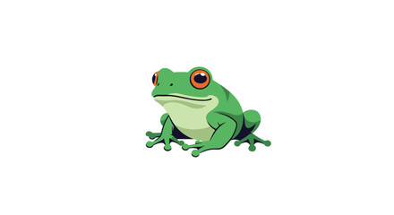 Naklejka premium Bright green exotic tree frog with large round orange eyes sits peacefully on a clean white background, isolated.