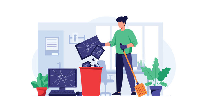 Responsible worker wearing protective gloves throws broken computer monitors and tablets into a red recycling bin.
