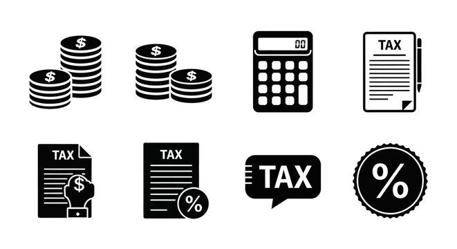 Tax and finance icons with calculator coins with including calculator stacks white icons related tax documents black white percentage accounting