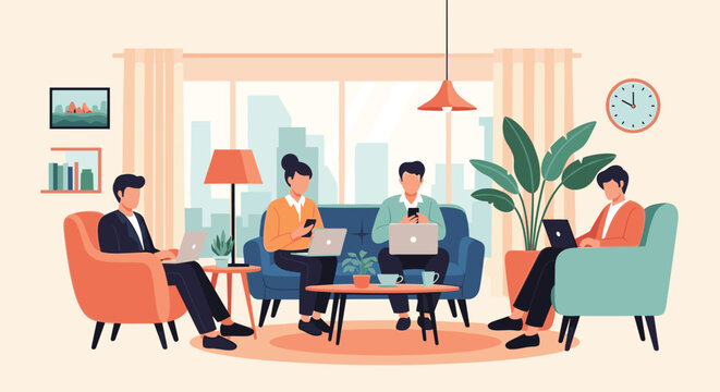 Diverse group of young professionals working together on laptops and smartphones in a modern coworking lounge.