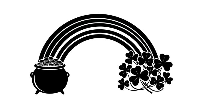 Black silhouette of a pot of gold at the end of a rainbow with clover with accompanied cluster clover white background three leaf clover st patricks day