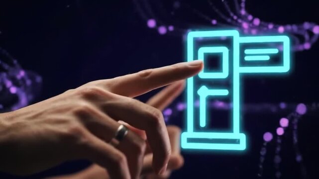 Hand interacting with neon door icon on dark tech background.