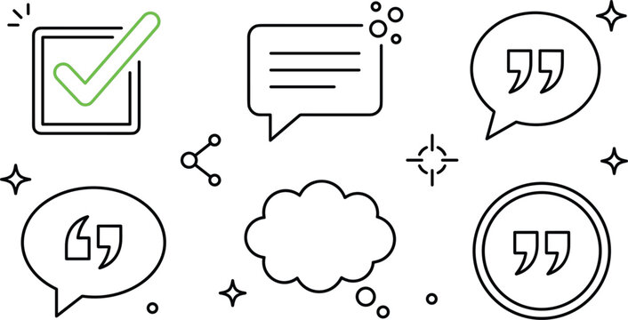 Quote mark and speech bubble vector icon set featuring green checkmark quotation marks chat message boxes and dialogue elements