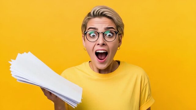 Shocked young woman holding stack of paperwork feeling overwhelmed by workload or exam stress isolated on yellow background
