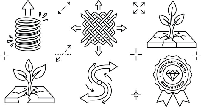 Resilience and growth vector icon set featuring flexible springs plant breaking ground tested badge and adaptable arrow concept