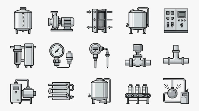 Dynamic Illustrated Collection of Industrial Brewing and Fluid Handling Equipment in Monochrome