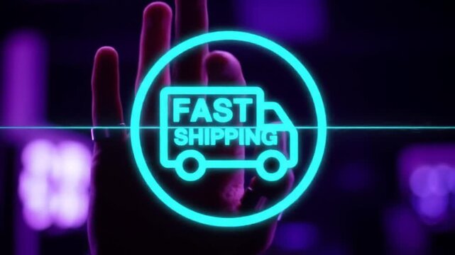 Hand interacting with neon fast shipping truck icon on dark purple background