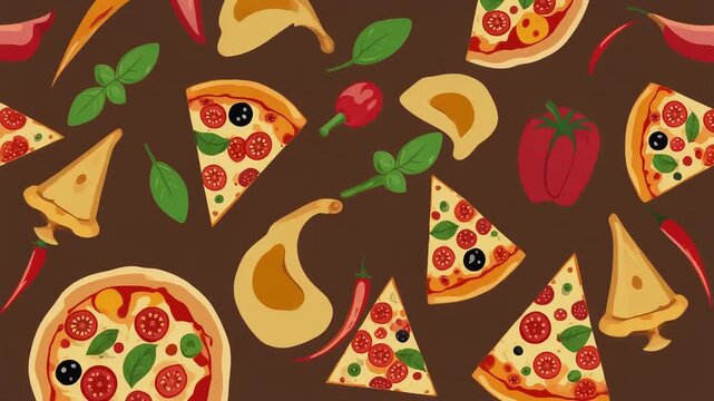 Seamless Pizza Pattern Background with Slices and Fresh Ingredients
