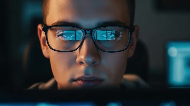 Young male software developer focused on computer screen reflection in glasses working late night on cybersecurity coding project
