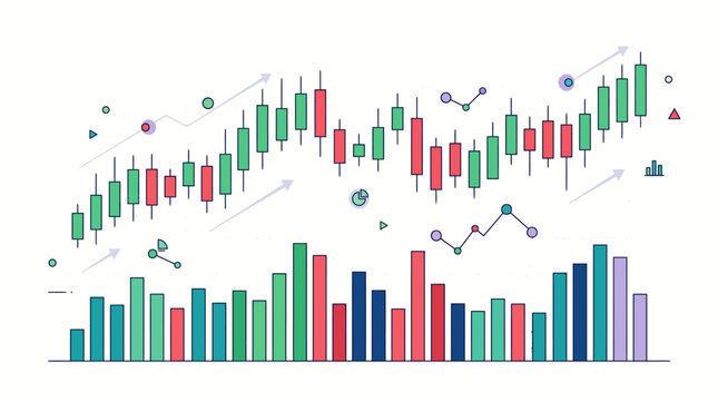 A colorful infographic displays financial data with green and red candlesticks and bars.