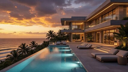 Fototapeta premium Stunning Modern Luxury Mansion Overlooking The Ocean With A Serene Glow At Sunset And An Inviting Infinity Pool