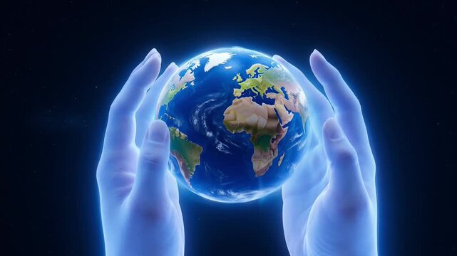 Glowing holographic hands gently holding the planet earth globe in dark starry space
