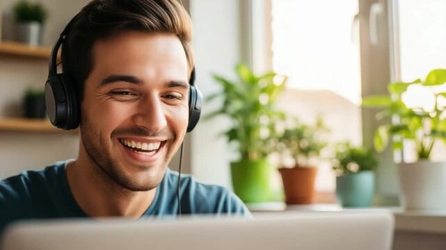 Happy young man wearing headphones using laptop for remote work or online learning in a bright home office with indoor plants