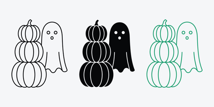 Cute ghost icons standing next to stack of three pumpkins with halloween