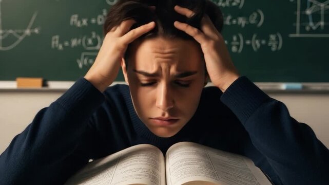Stressed teenage student struggling with difficult math homework in classroom, academic pressure and exam anxiety concept, young person feeling overwhelmed by studies