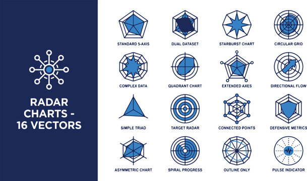 Professional Set of Radar Chart and Spider Graph Vector Icons for Business Data Analysis and Performance Visualization