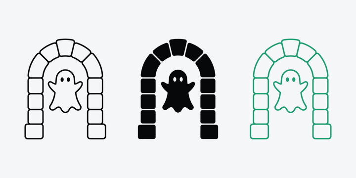 Ghost inside stone archway icon set in linear and silhouette styles
