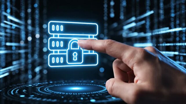 Hand interacting with secure server rack icon featuring a digital padlock symbol.