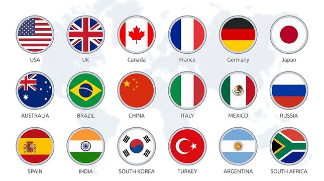 Collection of circular national flags representing global countries on a white background