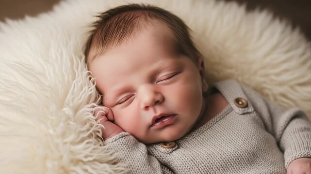 Newborn baby boy sleeping peacefully on a soft white fur rug wearing a beige knitted romper for a professional studio portrait session