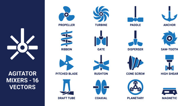 Comprehensive Vector Icon Set of Industrial Agitator Mixers and Impellers for Chemical Engineering and Fluid Dynamics Applications, Perfect for Modern Design Projects