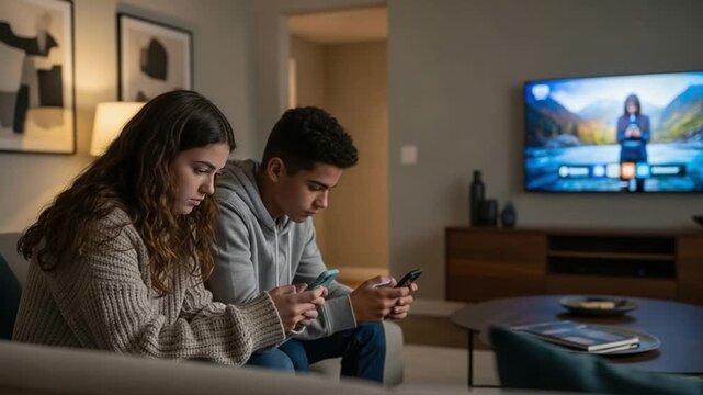 Young couple sitting on couch ignoring each other while using smartphones at home, digital disconnection and phubbing concept in modern living room