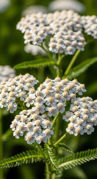 Close-up of white yarrow flowers in full bloom, vibrant green foliage.