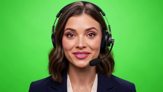 Professional female call center representative with headset on a green screen background