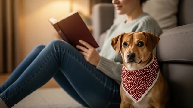 Young woman reading a book at home with her cute mixed breed dog wearing a red bandana, cozy lifestyle concept of pet companionship and relaxation