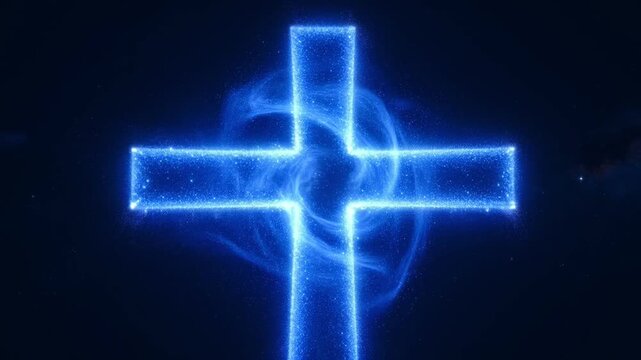 Glowing Blue Energy Cross with Swirling Light in Deep Space