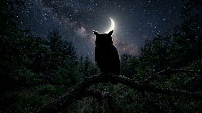Silhouette of an owl perched on a branch under a crescent moon at night.