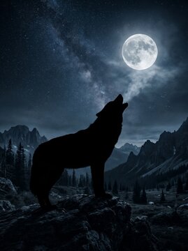 Silhouette of a wolf howling at the full moon in a mountainous landscape at night.