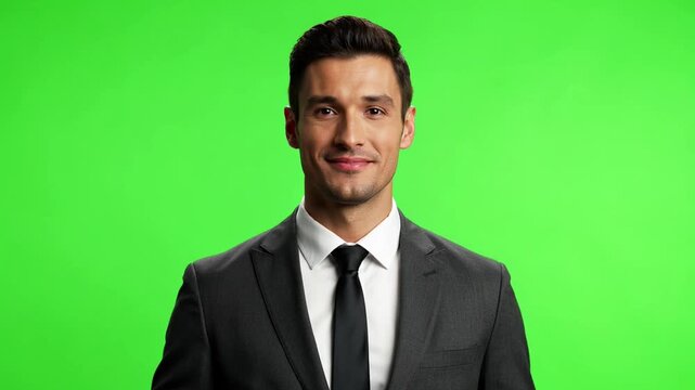 Smiling Businessman in Suit Waving Hand to Camera on Green Screen Background