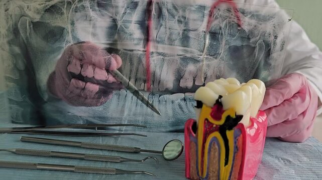 Dentist practices skills using a model tooth setup in a training room for dental students in a classroom setting