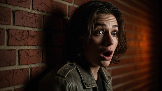 Young woman with startled expression standing against brick wall, cinematic portrait of fear and suspense for thriller concept