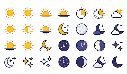 Fototapeta premium Day and Night Time Cycle Icon Set with Sun, Moon, Clocks, and Stars