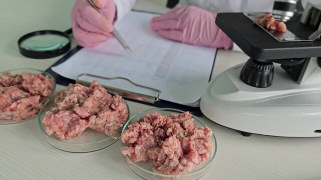 Analysis of meat samples using a microscope in a lab setting with a focus on quality control processes