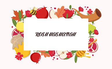 Fototapeta premium Colorful Rosh Hashanah illustration with apples, honey, pomegranates, shofar, bee, and flowers, celebrating Jewish New Year traditions and blessings