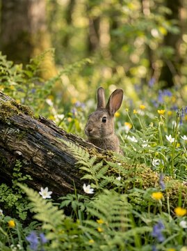 Young Rabbit Peeking from Behind a Log in a Wildflower Meadow.