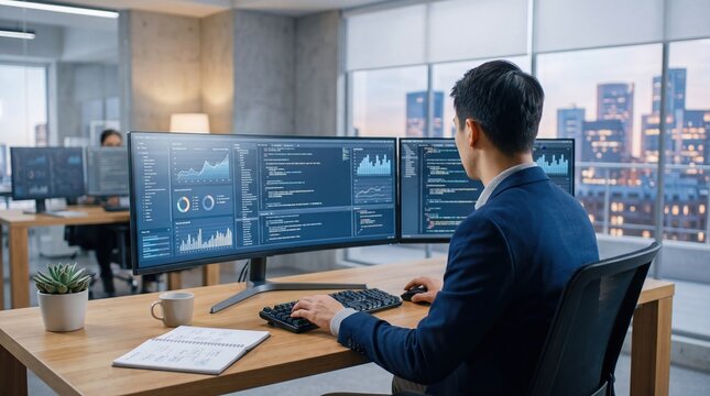 Software developer coding on multiple computer screens in modern office with city view, data analysis and programming workflow concept for business technology