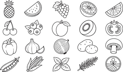 Obraz premium Set of hand drawn black and white fruit vegetable icons