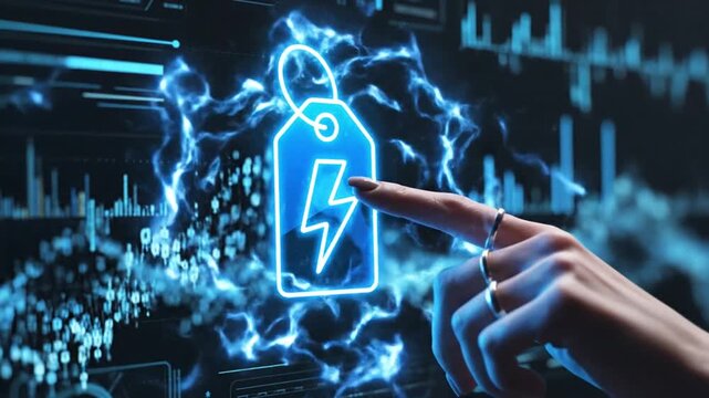 Hand pointing at digital lightning bolt price tag on tech screen