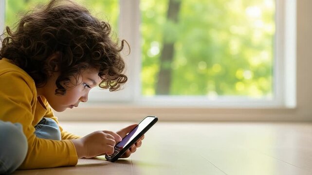Young child with curly hair using a smartphone on the floor, concept of digital childhood, screen time habits, and early technology education at home