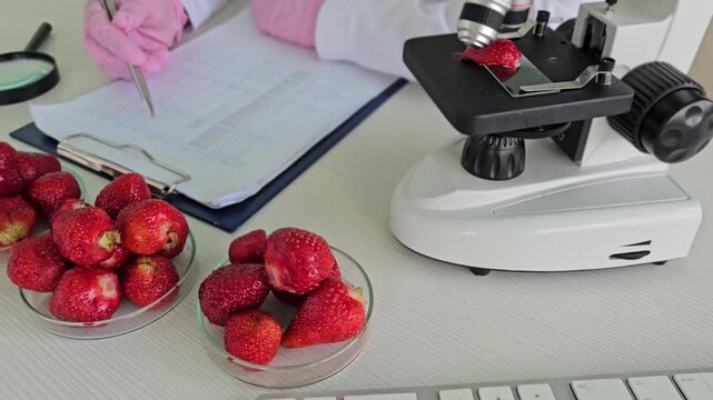 Research on strawberries in a laboratory setting with a microscope and notes taken for analysis