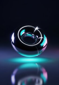 A polished silver torus floats above a sleek surface featuring soft gradient lighting and sharp reflections in a futuristic abstract style, futuristic, rendering, chrome