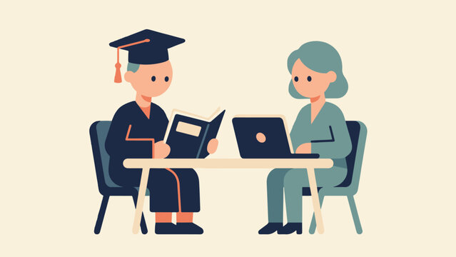 Graduate in academic gown consulting career mentor for first job preparation and interview