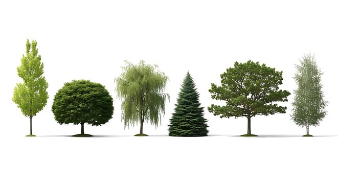Six stylized trees of varied shapes and foliage are arranged in a horizontal row on white